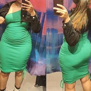 💙Green One Shoulder Ruched Ribbed Bodycon Dress☆